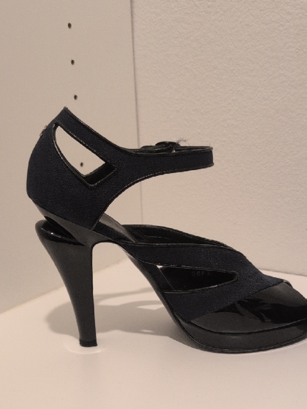 CHANEL Black Patent & Denim Crisscross Peep-Toe Ankle-Strap Heels - Picture 4 of 6